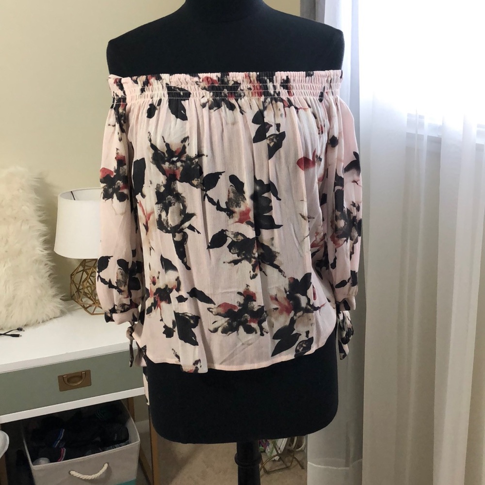 Pink floral off-shoulder shirt